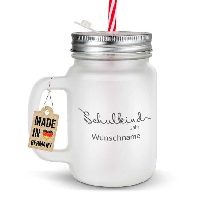 Personalisiertes Trinkglas mit Strohhalm zur Einschulung - Schulkind - mit Name &amp; Jahr - Glas satiniert