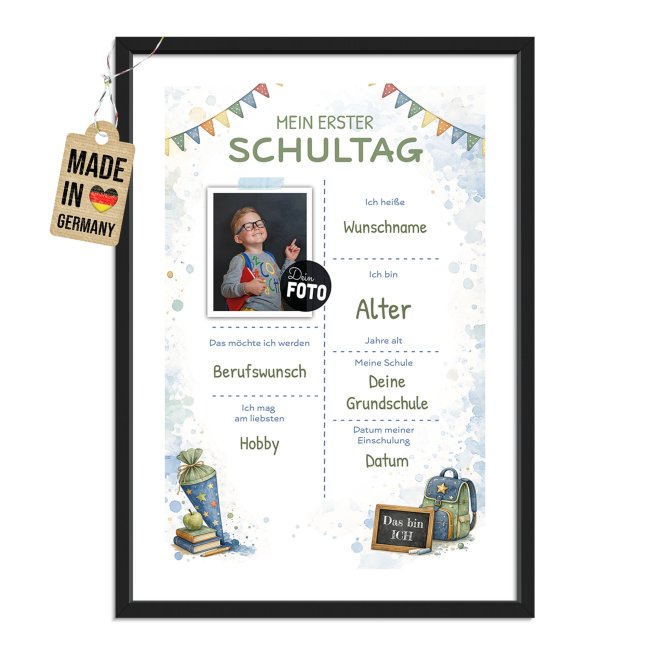 Personalisierter Einschulung-Steckbrief - Mein erster Schultag - mit Foto &amp; Text (Junge) - Hochformat