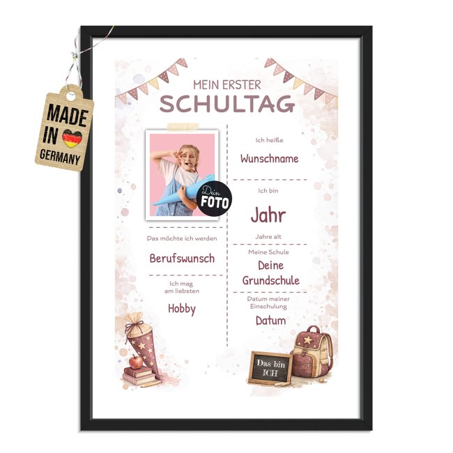 Personalisierter Einschulung-Steckbrief - Mein erster Schultag - mit Foto &amp; Text (M&auml;dchen) - Hochformat