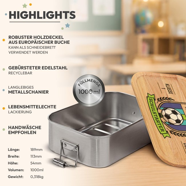Brotdose bedruckt zur Einschulung - Schulstarter - Fussball - mit Name &amp; Jahr - Gro&szlig;