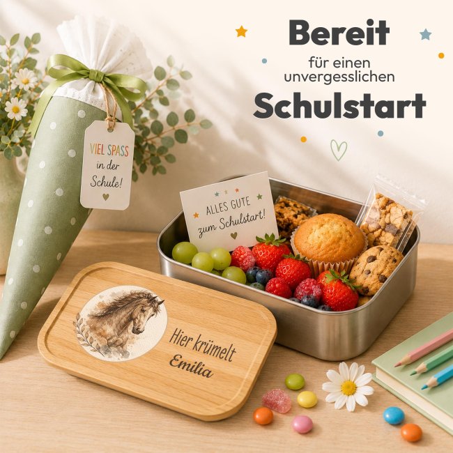 Brotdose bedruckt zur Einschulung - Hier kr&uuml;melt - Pferd - mit Name - Gro&szlig;