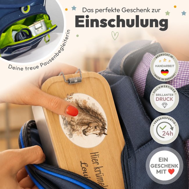 Brotdose bedruckt zur Einschulung - Hier kr&uuml;melt - Pferd - mit Name - Gro&szlig;
