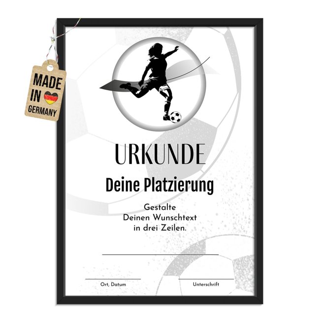 Fotodruck mit Bilderrahmen - Urkunde f&uuml;r Fu&szlig;ballerin - mit Wunschtext - 2 verschiedene Gr&ouml;&szlig;en