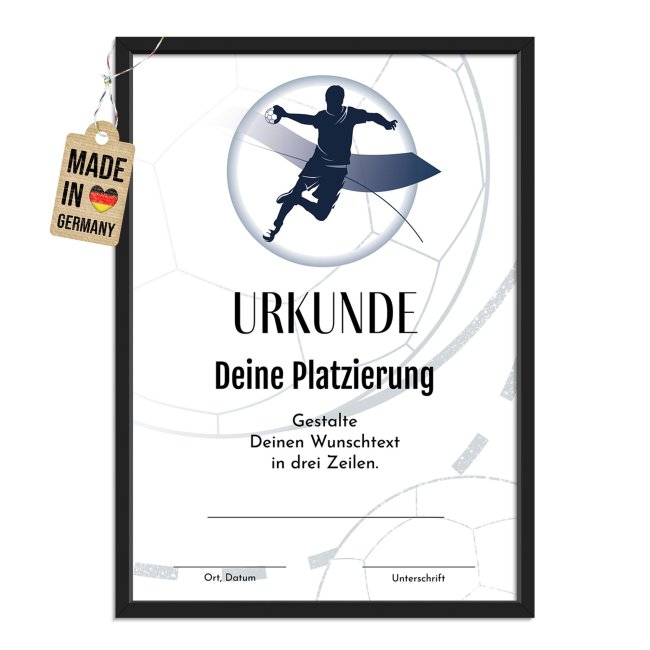 Fotodruck mit Bilderrahmen - Urkunde f&uuml;r Handballer - mit Wunschtext - 2 verschiedene Gr&ouml;&szlig;en