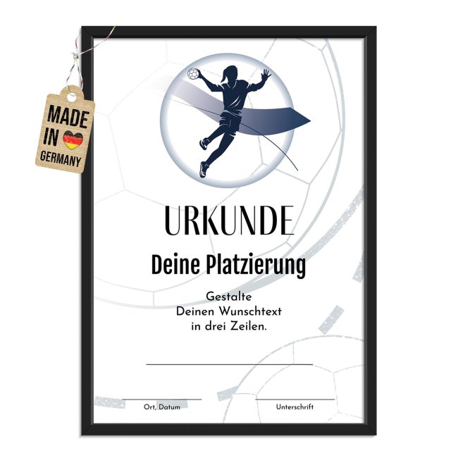 Fotodruck mit Bilderrahmen - Urkunde f&uuml;r Handballerin - mit Wunschtext - 2 verschiedene Gr&ouml;&szlig;en