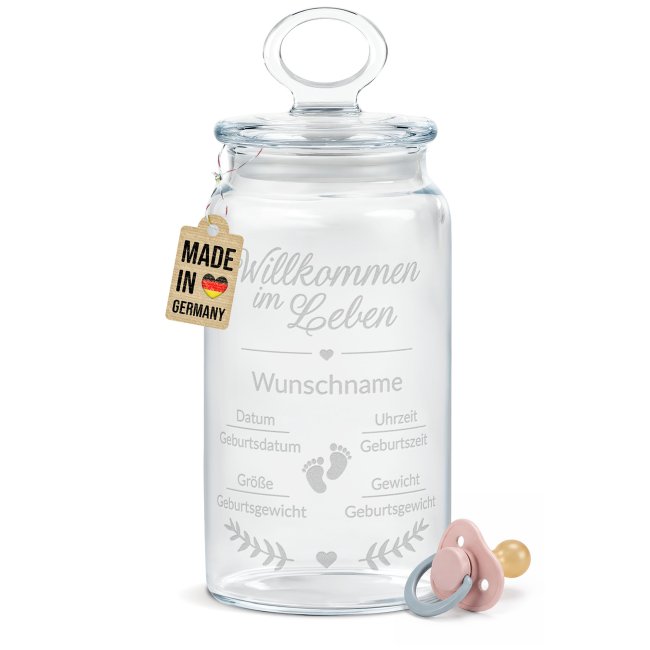 Vorratsdose aus Glas zur Geburt - Willkommen im Leben - mit Geburtsdaten graviert - 1100 ml