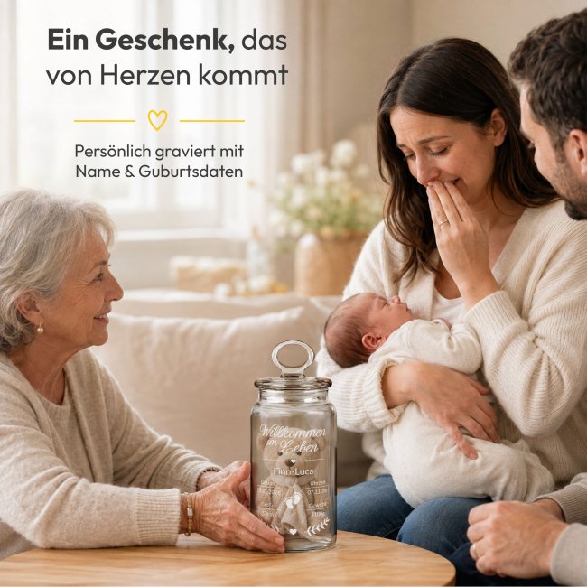 Vorratsdose aus Glas zur Geburt - Willkommen im Leben - mit Geburtsdaten graviert - 1100 ml