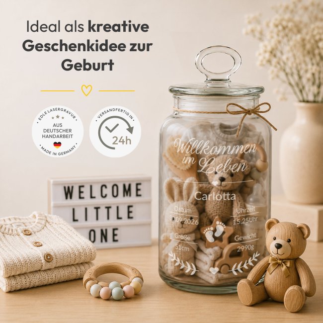 Vorratsdose aus Glas zur Geburt - Willkommen im Leben - mit Geburtsdaten graviert - 1100 ml