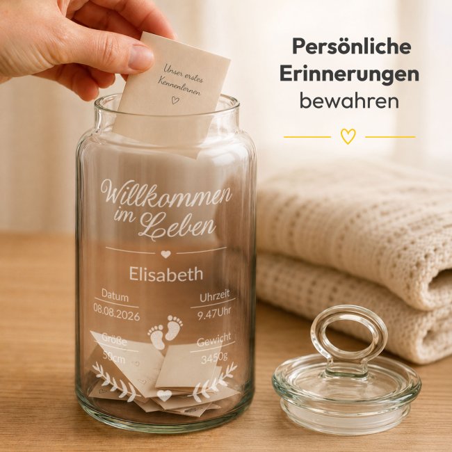Vorratsdose aus Glas zur Geburt - Willkommen im Leben - mit Geburtsdaten graviert - 1100 ml