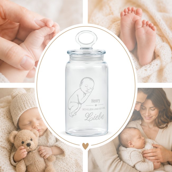 Vorratsdose aus Glas zur Geburt - So klein und so viel Liebe - Baby Junge - mit Name graviert - 1100 ml