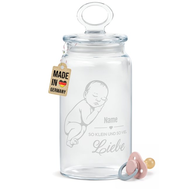 Vorratsdose aus Glas zur Geburt - So klein und so viel Liebe - Baby Junge - mit Name graviert - 1100 ml