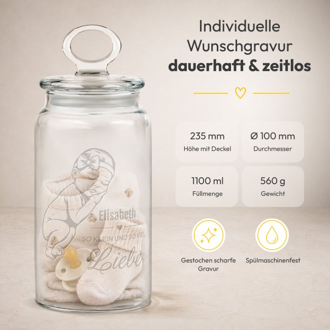 Vorratsdose aus Glas zur Geburt - So klein und so viel Liebe - Baby M&auml;dchen - mit Name graviert - 1100 ml