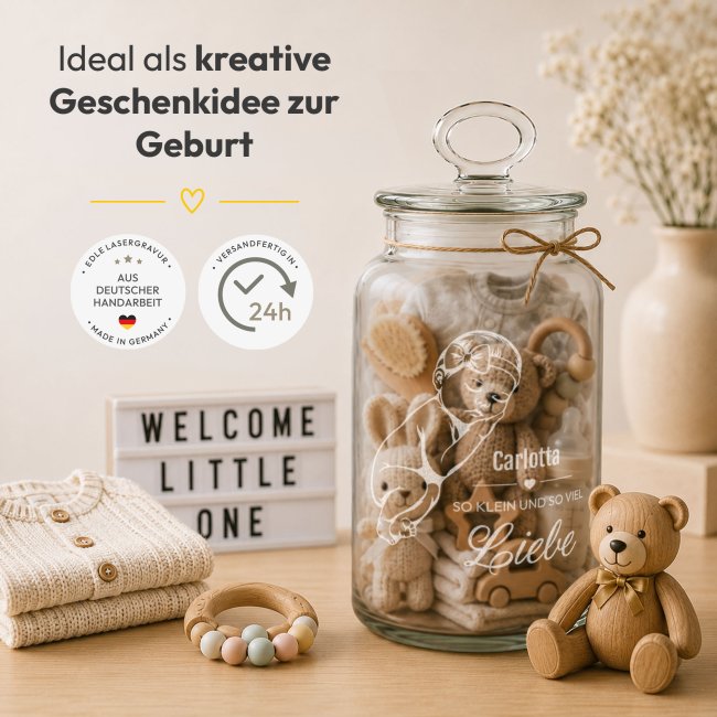Vorratsdose aus Glas zur Geburt - So klein und so viel Liebe - Baby M&auml;dchen - mit Name graviert - 1100 ml
