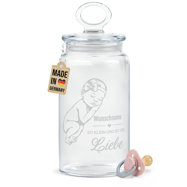 Vorratsdose aus Glas zur Geburt - So klein und so viel Liebe - Baby M&auml;dchen - mit Name graviert - 1100 ml