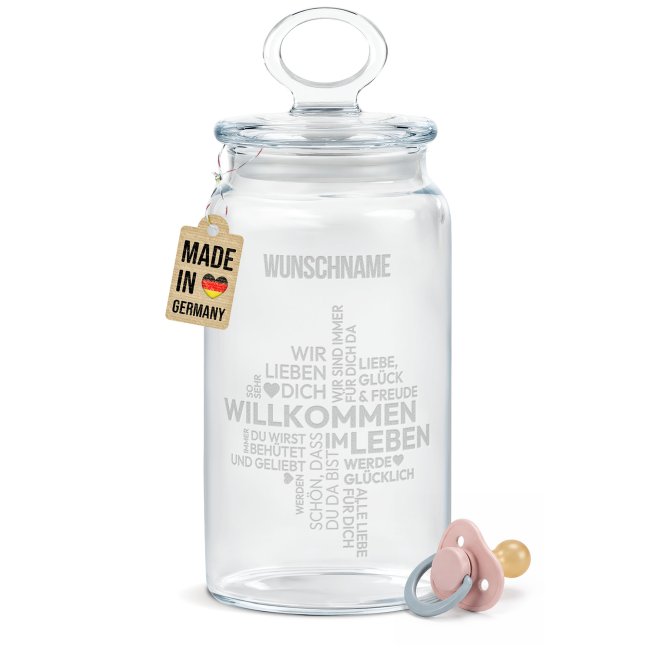Vorratsdose aus Glas zur Geburt - Willkommen - mit Name graviert - 1100 ml