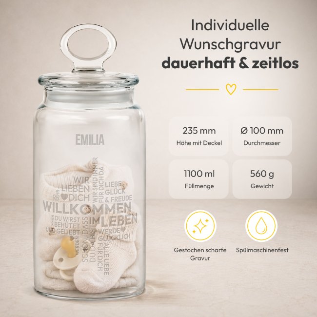 Vorratsdose aus Glas zur Geburt - Willkommen - mit Name graviert - 1100 ml
