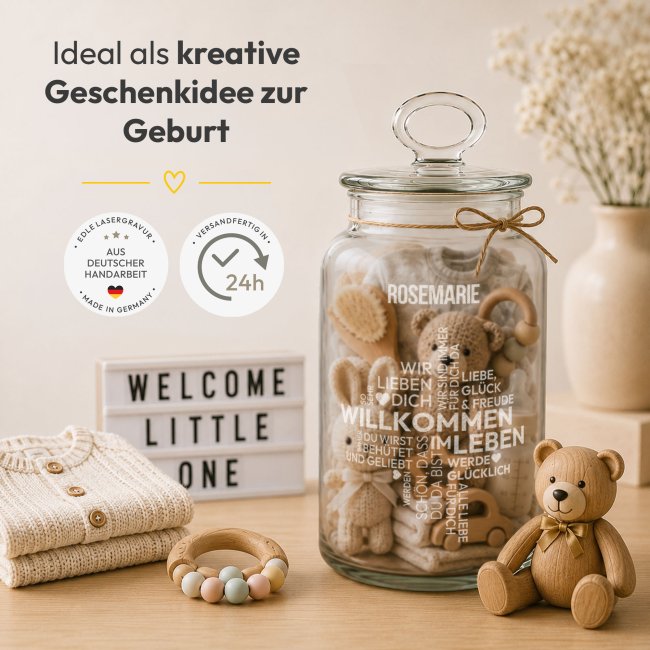 Vorratsdose aus Glas zur Geburt - Willkommen - mit Name graviert - 1100 ml