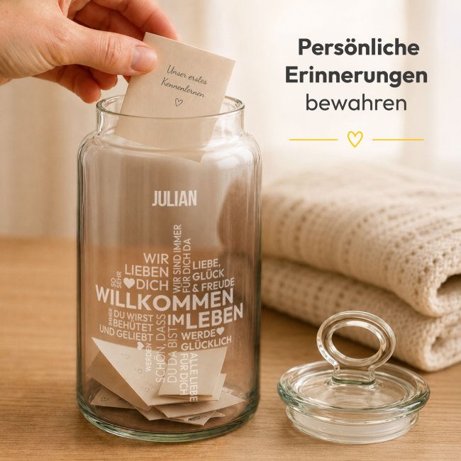 Vorratsdose aus Glas zur Geburt - Willkommen - mit Name graviert - 1100 ml