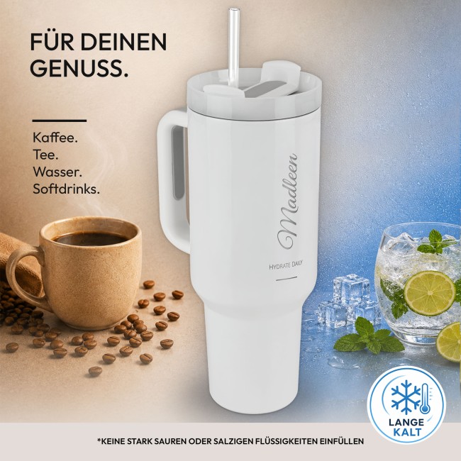 Personalisierter Edelstahl-Thermobecher mit Strohhalm - Hydrate Daily - mit Name graviert - 1200 ml