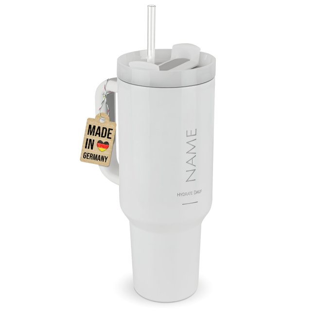 Personalisierter Edelstahl-Thermobecher mit Strohhalm - Hydrate Daily - mit Name graviert - 1200 ml