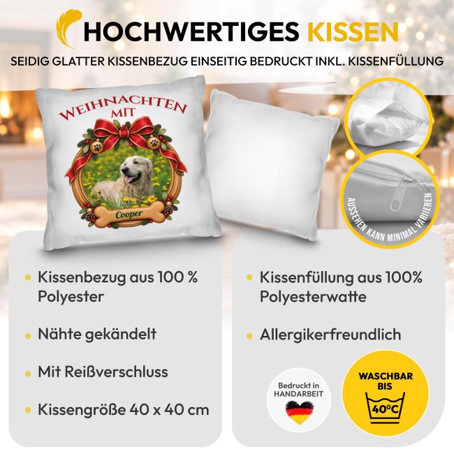 Hunde-Kissen - Weihnachtskranz - mit Foto &amp; Name - Wei&szlig;