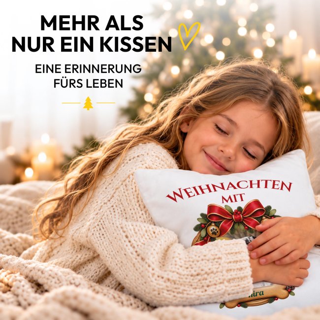 Hunde-Kissen - Weihnachtskranz - mit Foto &amp; Name - Wei&szlig;