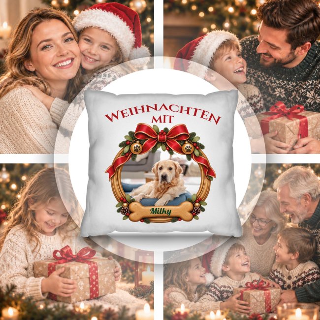 Hunde-Kissen - Weihnachtskranz - mit Foto &amp; Name - Wei&szlig;