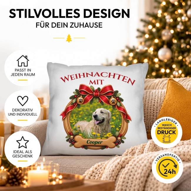 Hunde-Kissen - Weihnachtskranz - mit Foto &amp; Name - Wei&szlig;