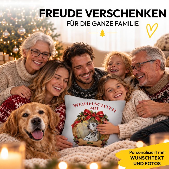 Hunde-Kissen - Weihnachtskranz - mit Foto &amp; Name - Wei&szlig;