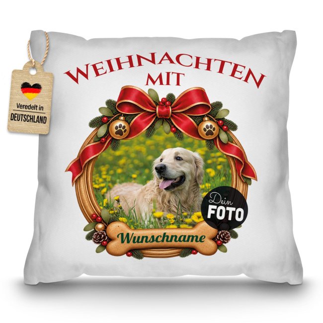 Hunde-Kissen - Weihnachtskranz - mit Foto &amp; Name - Wei&szlig;