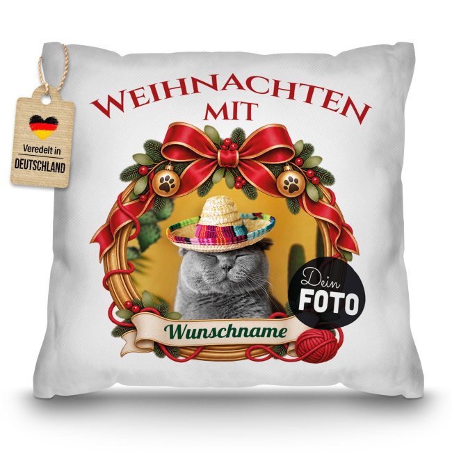 Katzen-Kissen - Weihnachtskranz - mit Foto &amp; Name - Wei&szlig;