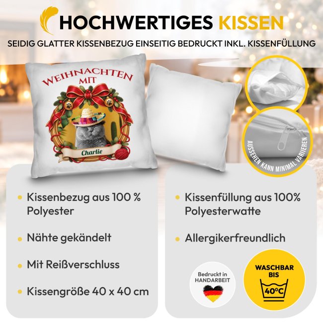 Katzen-Kissen - Weihnachtskranz - mit Foto &amp; Name - Wei&szlig;