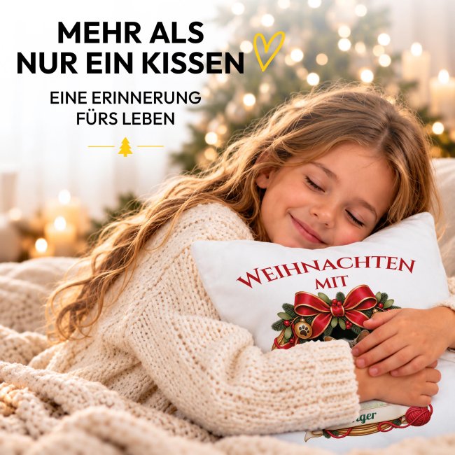 Katzen-Kissen - Weihnachtskranz - mit Foto &amp; Name - Wei&szlig;