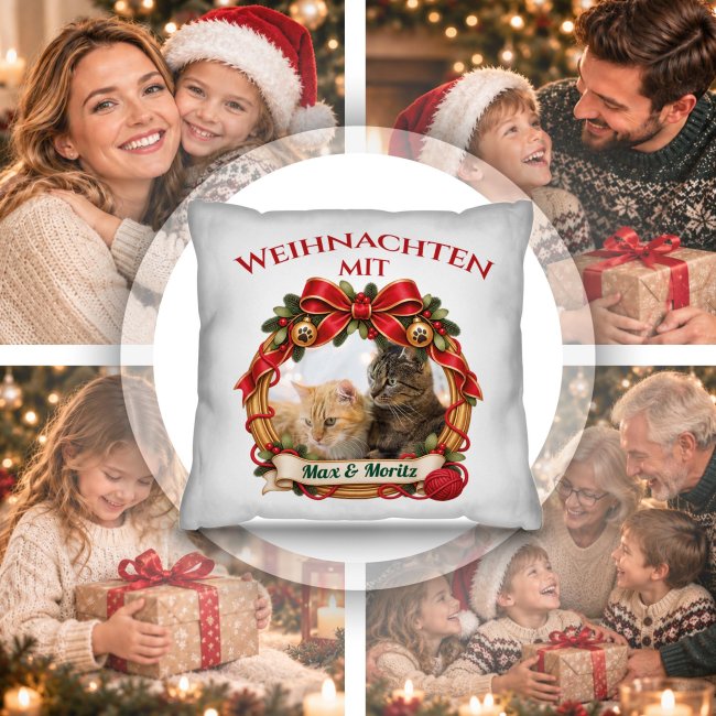Katzen-Kissen - Weihnachtskranz - mit Foto &amp; Name - Wei&szlig;