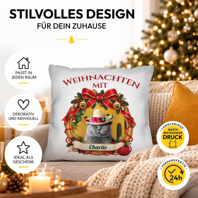 Katzen-Kissen - Weihnachtskranz - mit Foto &amp; Name - Wei&szlig;