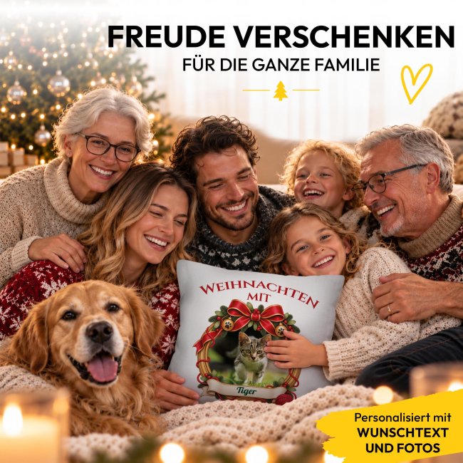 Katzen-Kissen - Weihnachtskranz - mit Foto &amp; Name - Wei&szlig;