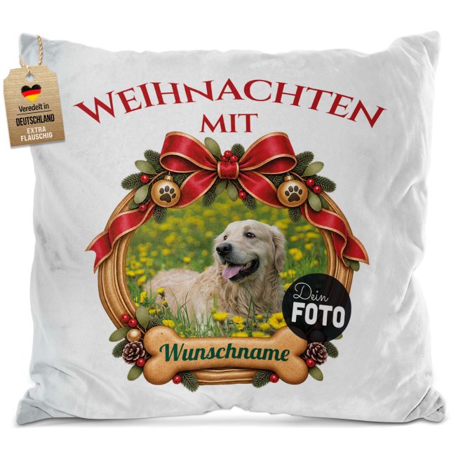 Flauschiges Hunde-Kissen - Weihnachtskranz - mit Foto &amp; Name - Wei&szlig; Flauschig