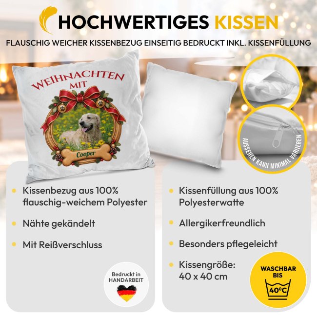 Flauschiges Hunde-Kissen - Weihnachtskranz - mit Foto &amp; Name - Wei&szlig; Flauschig