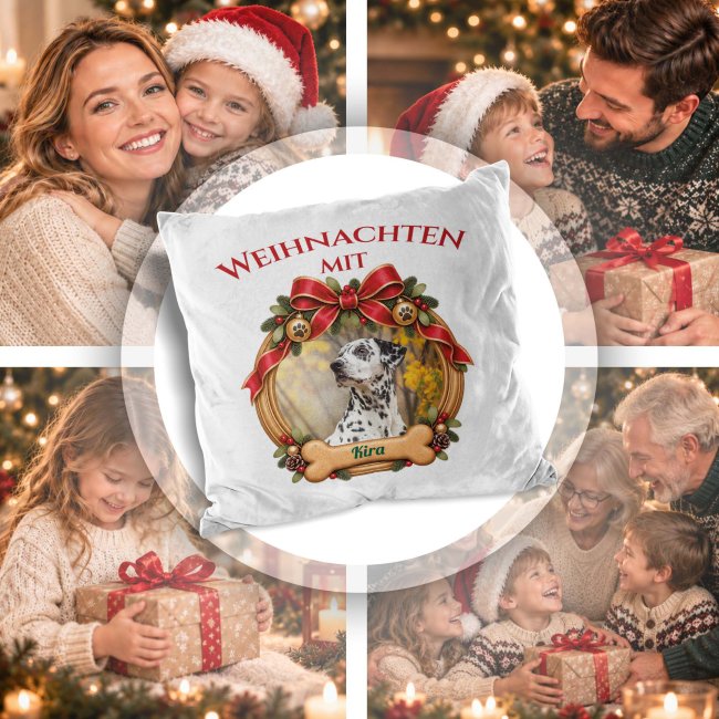 Flauschiges Hunde-Kissen - Weihnachtskranz - mit Foto &amp; Name - Wei&szlig; Flauschig