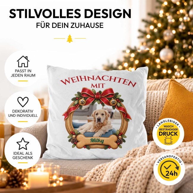 Flauschiges Hunde-Kissen - Weihnachtskranz - mit Foto &amp; Name - Wei&szlig; Flauschig