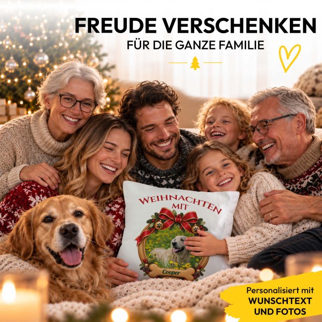 Flauschiges Hunde-Kissen - Weihnachtskranz - mit Foto &amp; Name - Wei&szlig; Flauschig