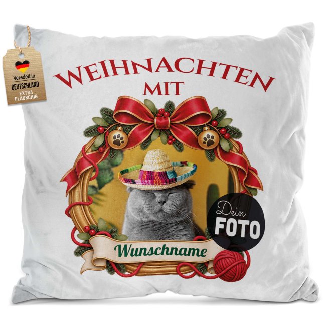 Flauschiges Katzen-Kissen - Weihnachtskranz- mit Foto &amp; Name - Wei&szlig; Flauschig