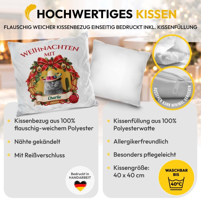 Flauschiges Katzen-Kissen - Weihnachtskranz- mit Foto &amp; Name - Wei&szlig; Flauschig