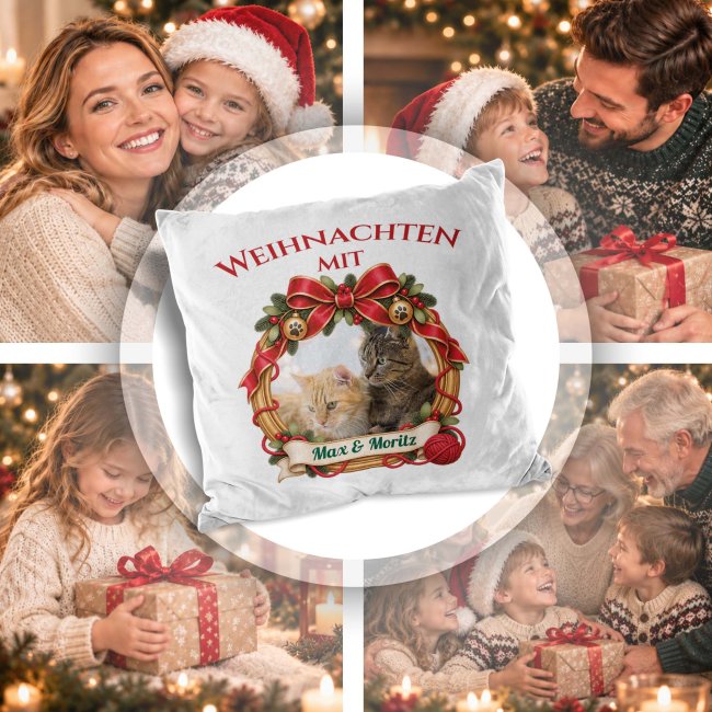 Flauschiges Katzen-Kissen - Weihnachtskranz- mit Foto &amp; Name - Wei&szlig; Flauschig