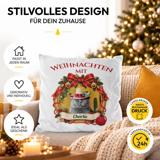 Flauschiges Katzen-Kissen - Weihnachtskranz- mit Foto &amp; Name - Wei&szlig; Flauschig