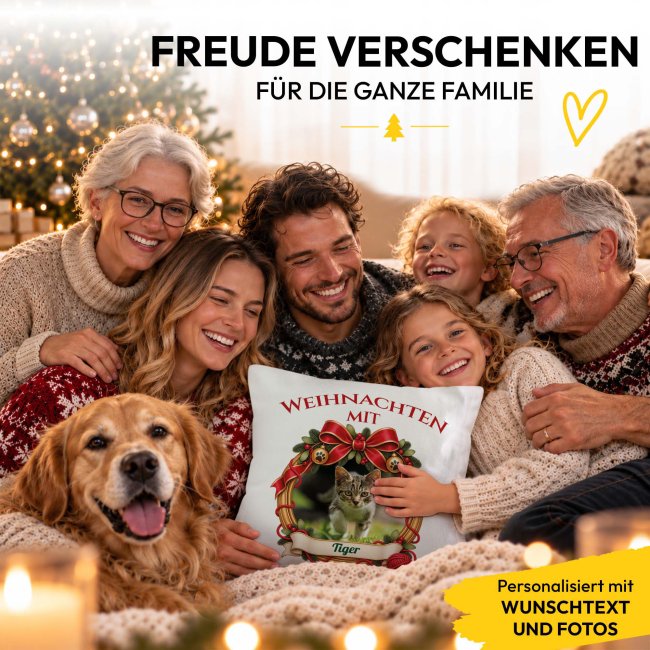 Flauschiges Katzen-Kissen - Weihnachtskranz- mit Foto &amp; Name - Wei&szlig; Flauschig