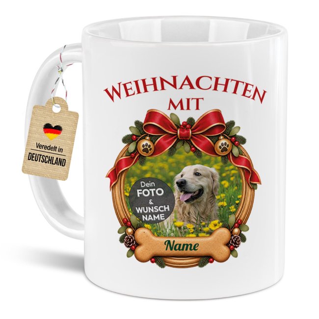 Hunde-Tasse - Weihnachtskranz - mit Foto &amp; Name