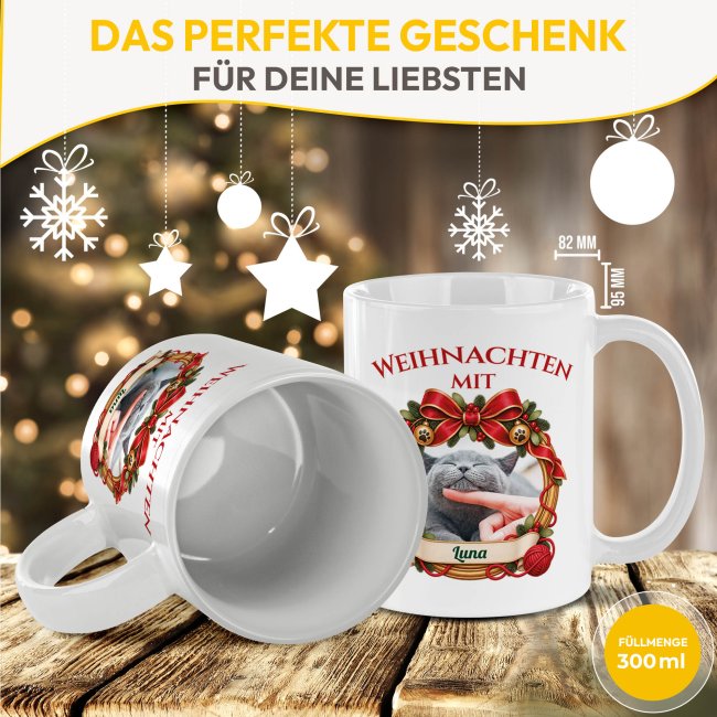 Katzen-Tasse - Weihnachtskranz - mit Foto &amp; Name