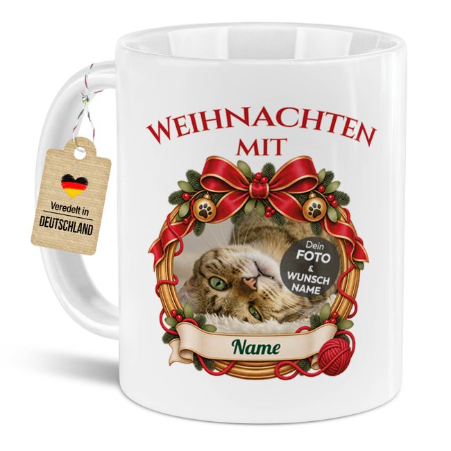 Katzen-Tasse - Weihnachtskranz - mit Foto &amp; Name