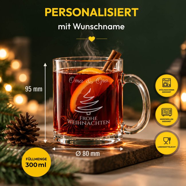 Glastasse mit Gravur - Frohe Weihnachten - mit Name graviert